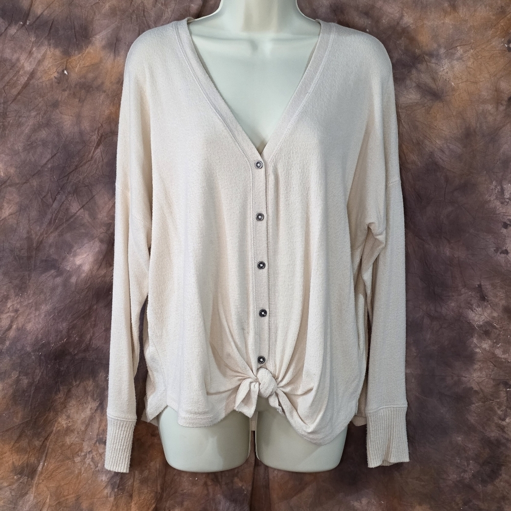 Abercrombie top button up tie front vneck long sleeve cream oatmeal M - Picture 2 of 7